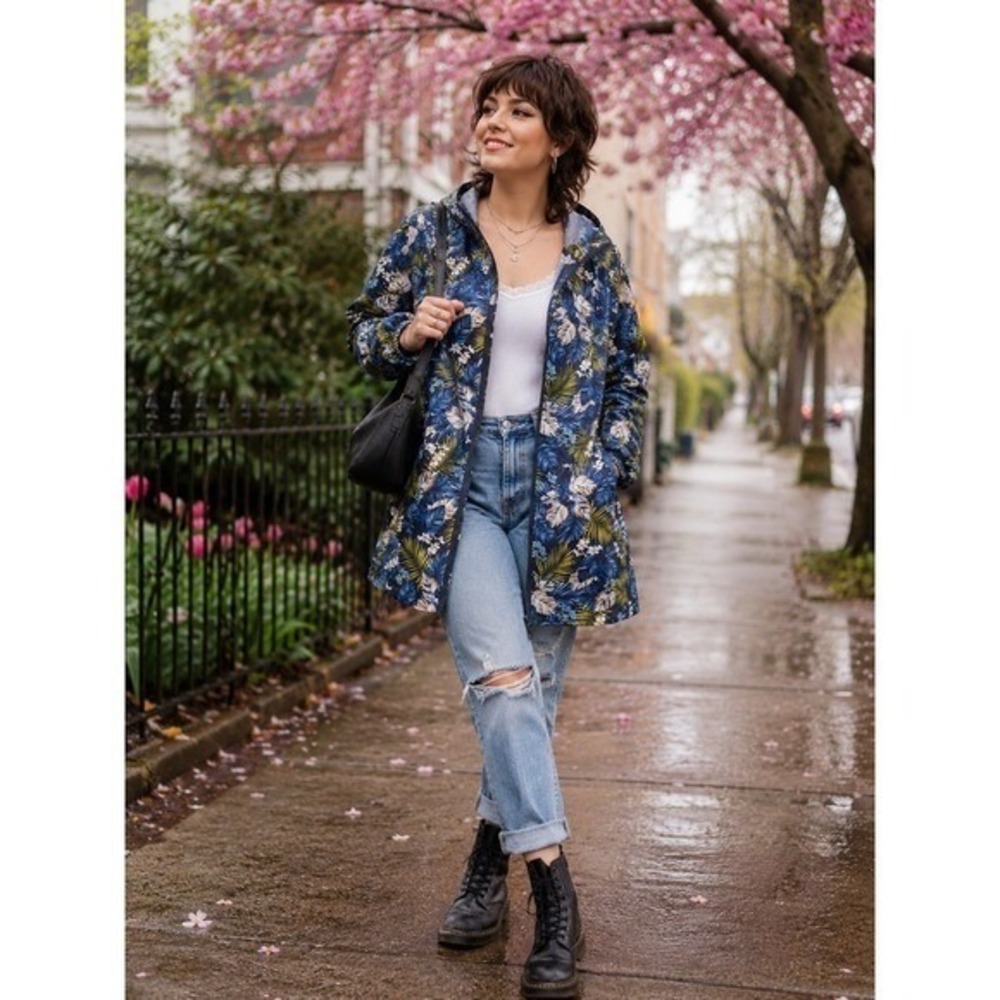 Boho Gorpcore Susan Graver Blue Tropical Floral Hooded Zip Front M Rain Coat